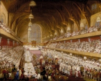 IV. György brit uralkodó koronázási ünnepsége a londoni Westminster Hallban (a legkorábbi parlamenti ülésteremben) 1821-ben